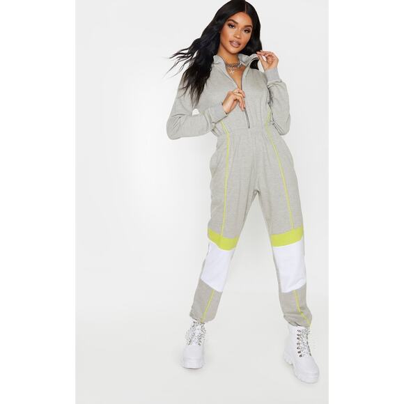 PrettyLittleThing Grey Zip Detail Color Block Sweat Jumpsuit Size M NWT - Picture 1 of 9
